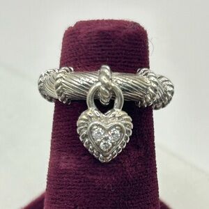 Signed Judith Ripka Silver Diamonique Dangle Heart Charm Ring